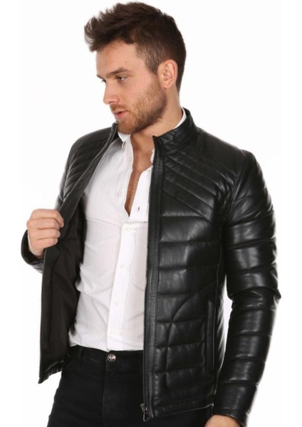 Hakiki Deri Erkek Siyah Şişme Deri Mont modelleri