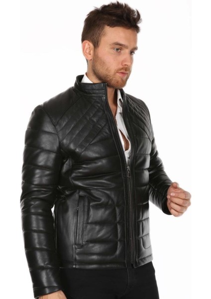 Hakiki Deri Erkek Siyah Şişme Deri Mont indirimleri