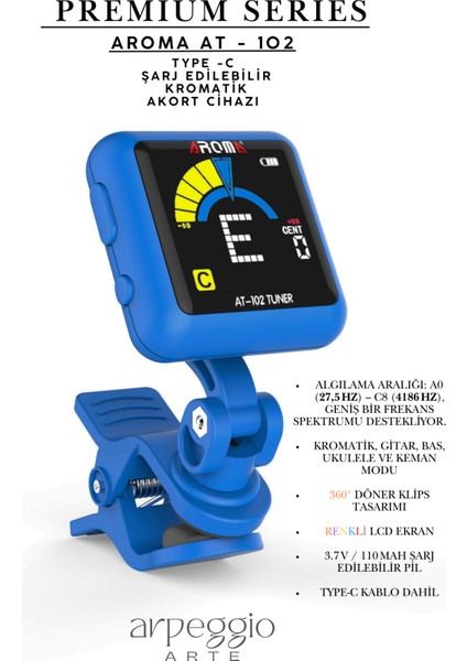 Aroma (Type-C Şarjlı) Klipsli Akort Cihazı – Gitar, Bas, Ukulele ve Keman Için Kromatik Tuner