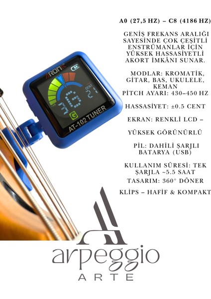 Aroma (Type-C Şarjlı) Klipsli Akort Cihazı – Gitar, Bas, Ukulele ve Keman Için Kromatik Tuner fırsatları