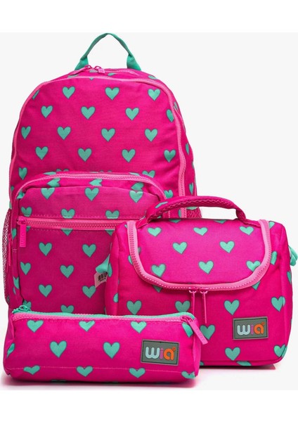 Su Geçirmez Kalp Desenli Kız Çocuk 3’lü Okul Çantası Seti – Sırt,kalemlik,beslenme Çantası