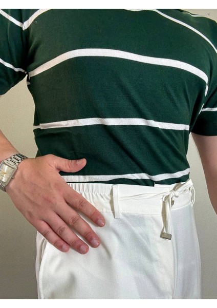 Erkek Oversize Yeşil Çizgili Yazlık Triko Polo Yaka, Triko Kumaş, Geniş Kalıp Kısa Kollu Model modelleri