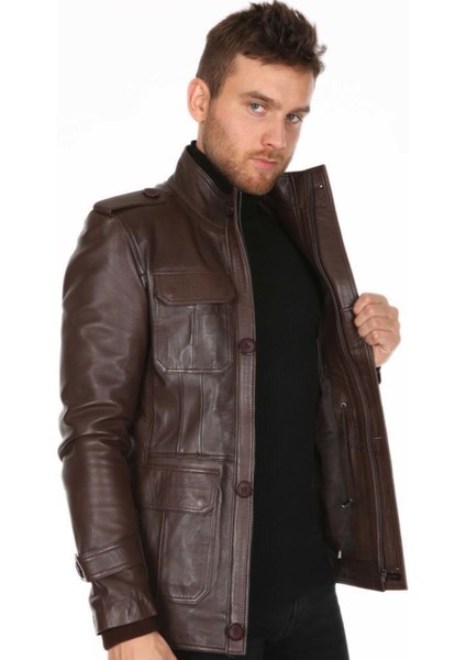 Hakiki Deri Kahverengi 4 Cepli Erkek Deri Ceket