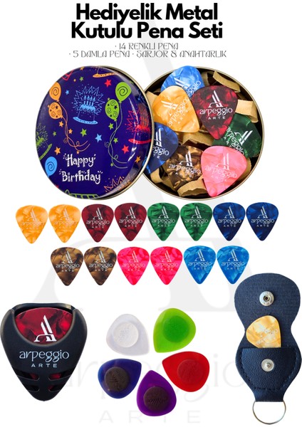 Hediyelik Pena Seti | Metal Kutu | 14 Renkli Pena • 5 Damla Pena • Pena Şarjörü & Taşıma Çantası