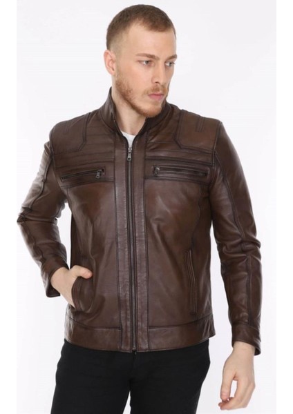 Hakiki Deri Kahverengi Argent Işlemeli Erkek Deri Ceket