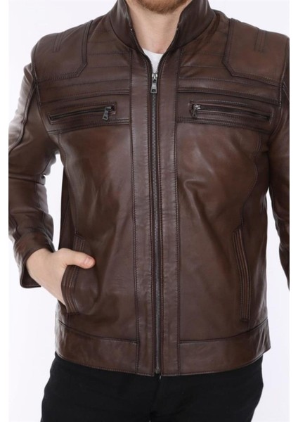 Hakiki Deri Kahverengi Argent Işlemeli Erkek Deri Ceket fırsatları