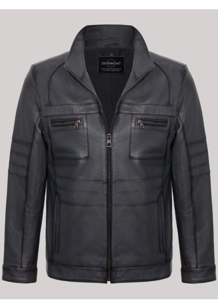 Hakiki Deri Gri Cep Detaylı Fermuarlı Erkek Deri Ceket