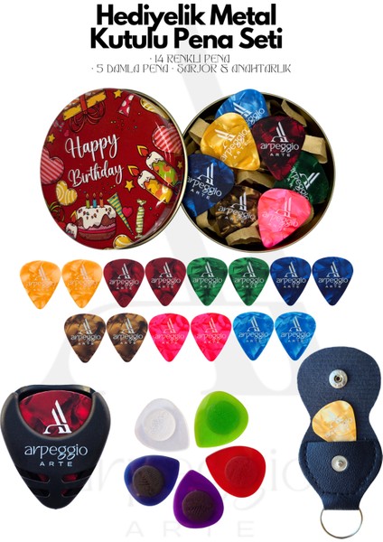 Hediyelik Pena Seti | Metal Kutu | 14 Renkli Pena • 5 Damla Pena • Pena Şarjörü & Taşıma Çantası
