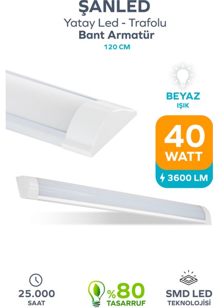 40W 120 Cm Yatay LED Bant Armatür-Trafolu Beyaz Işık