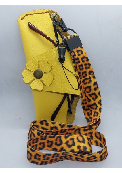 Hakiki Deri El Yapımı Sarı Kadın Gözlük Kabı ve Askısı