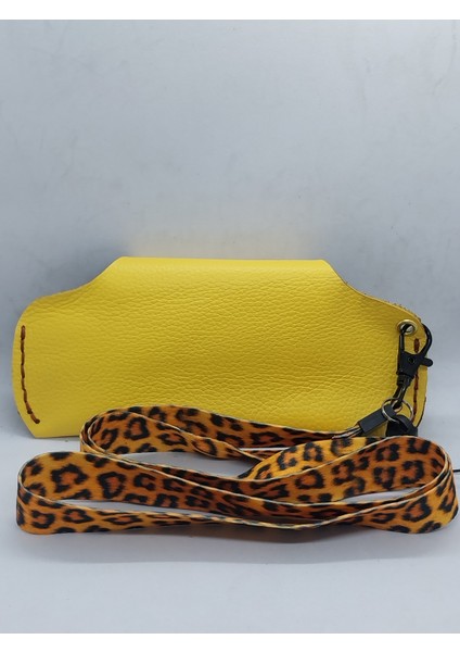 Hakiki Deri El Yapımı Sarı Kadın Gözlük Kabı ve Askısı fırsatları