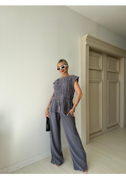 Indigo Nervürlü Bluz Pantolon Takım