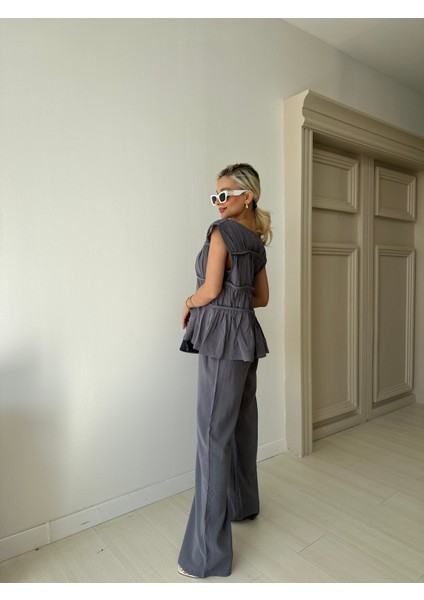 Indigo Nervürlü Bluz Pantolon Takım modelleri