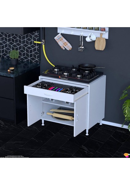 QPLAS (XXL) Set Ocak Altı Dolap 75x88x56 cm Çekmeceli, Kapaklı 2 Göz Raf Bölmeli