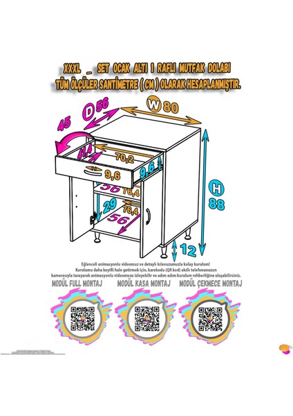 QPLAS (XXXL) Set Ocak Altı Dolap 80x88x56 cm Çekmeceli, Kapaklı 2 Göz Raf Bölmeli indirimleri
