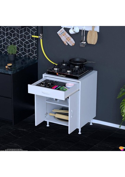 QPLAS (M) Set Ocak Altı Dolap 60x88x56 cm Çekmeceli, Kapaklı 2 Göz Raf Bölmeli