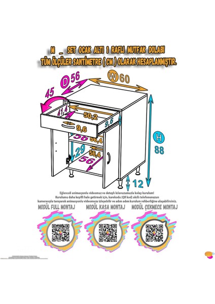 QPLAS (M) Set Ocak Altı Dolap 60x88x56 cm Çekmeceli, Kapaklı 2 Göz Raf Bölmeli indirimleri