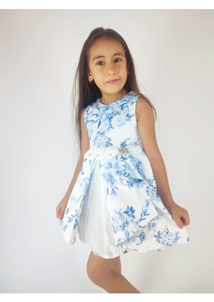 Bebe Yaka, Beyaz Gül Detaylı, Çiçek Desenli Abiye Çocuk Elbise