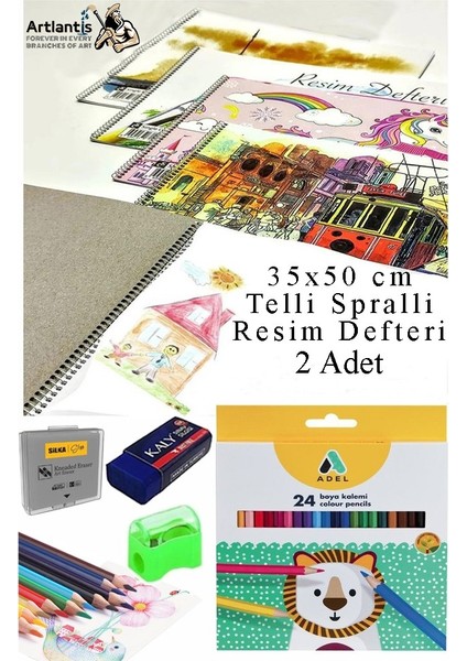 24 Renk Kuru Boya Adel 35X50 cm Telli Spralli Resim Defteri Hamur Silgi Kalemtraş 15 Yaprak Resim Defteri Kuruboya