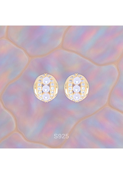 Inci ve Zirkon Taşlı Oval Formlu 14K Altın Kaplama Küpe – 925 Ayar Gümüş