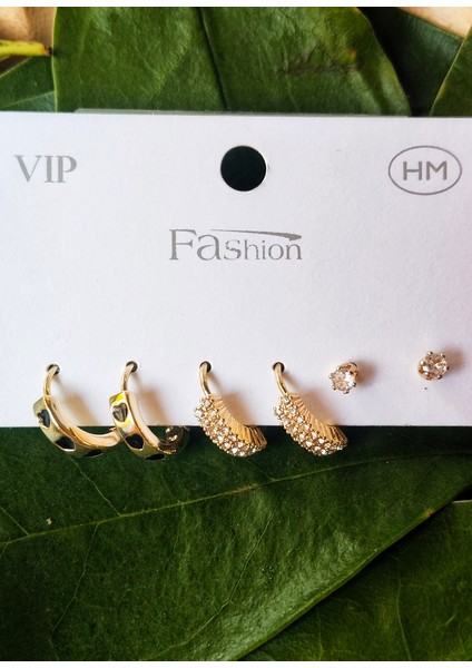 Gold Renk Lüks Gösterişli Figürlü Üçlü Küpe