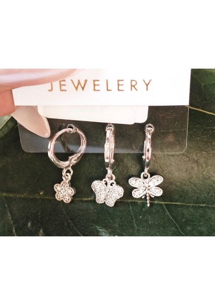 Gümüş Renk Lüks Gösterişli Figürlü Üçlü Küpe