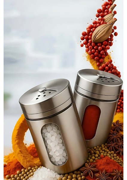 Cam+Çelik Tuzluk Biberlik Karabiberlik 3 Farklı Delikli 2 Li Set 721944