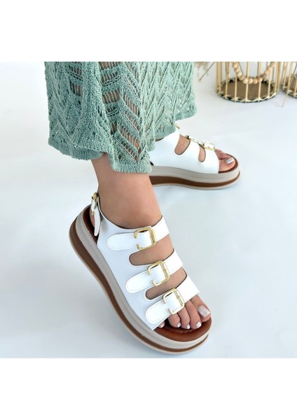 Tokalı Kemerli Ortopedik Sandalet Cilt Beyaz Topuk Boyu 4,5 cm fırsatları
