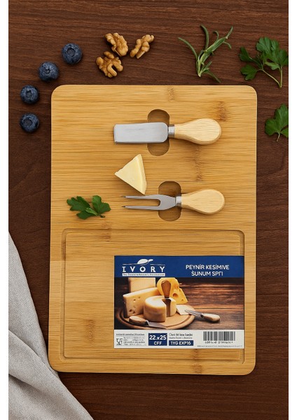 Ahşap Bambu Peynir Tahtası ve Bıçak Seti | Şık ve Dayanıklı Sunum Tablası 22X29 cm
