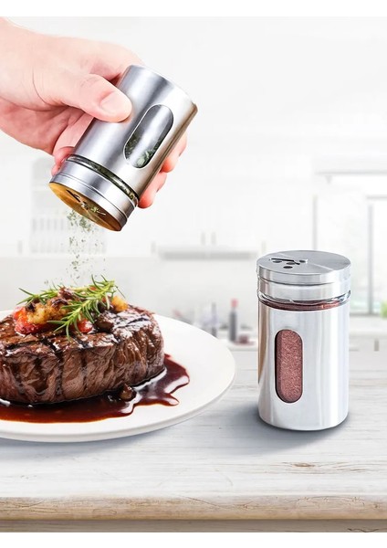 Cam+Çelik Tuzluk Biberlik Karabiberlik 3 Farklı Delikli 5 Li Set 721945