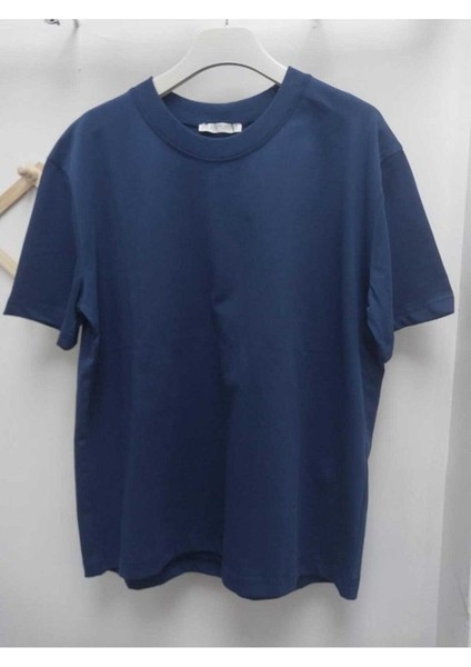 30312 Dekoratif Dikişli Bisiklet Yaka Tshirt-Indigo