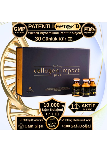 Kolajen 10.000 mg Tip 1-3 %100 Saf Patentli Hidrolize Sığır Kolajeni, 150mg Hyaluronik Asit, 500 mg Vitamin C, 200 mg Glutatyon, 25mg Resveratrol, 100 mg Elastin, Collagen Diyet Takviyesi