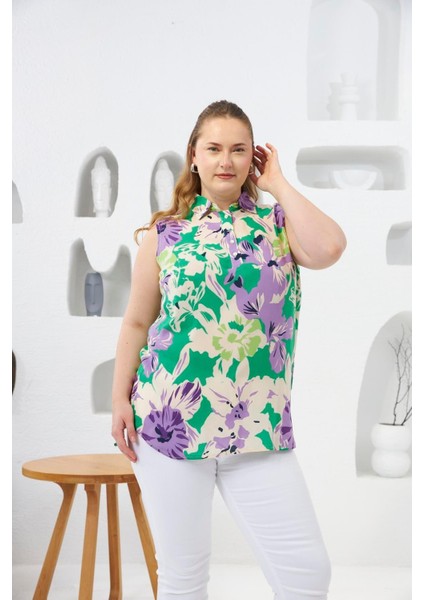 Kadın Gömlek Yaka Desenli Sıfır Kol Büyük Beden Yeşil Viskon Bluz – Hafif, Ferah ve Yazlık Şıklık