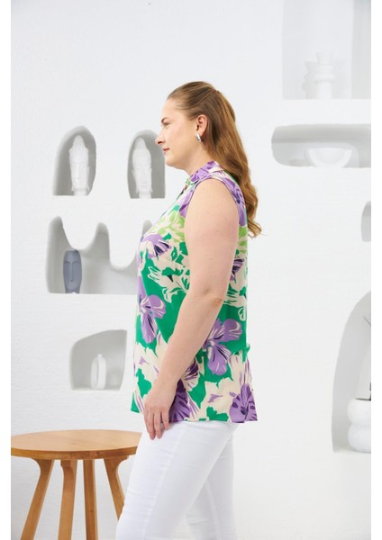 Kadın Gömlek Yaka Desenli Sıfır Kol Büyük Beden Yeşil Viskon Bluz – Hafif, Ferah ve Yazlık Şıklık modelleri