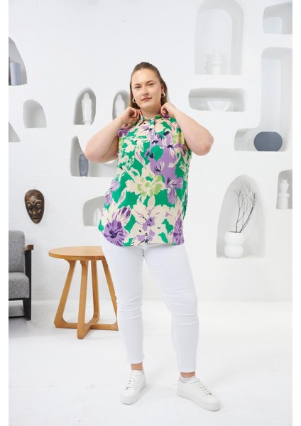 Kadın Gömlek Yaka Desenli Sıfır Kol Büyük Beden Yeşil Viskon Bluz – Hafif, Ferah ve Yazlık Şıklık fırsatları