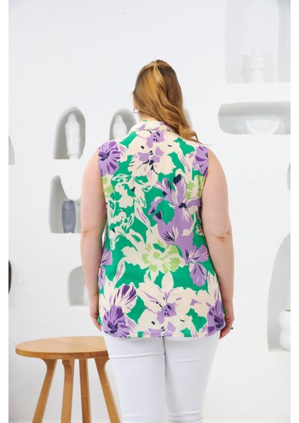 Kadın Gömlek Yaka Desenli Sıfır Kol Büyük Beden Yeşil Viskon Bluz – Hafif, Ferah ve Yazlık Şıklık indirimleri