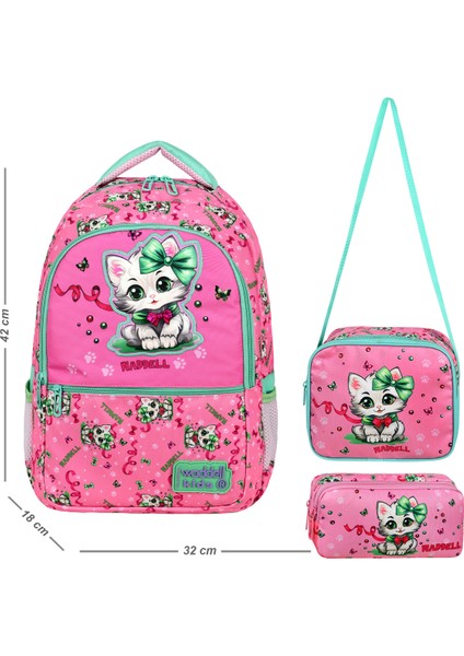 Waddell lisanslı Pembe Kedi Desenli Ilkokul Sırt Çantası,beslenme Çantası ve 2 Cepli Kalemlik