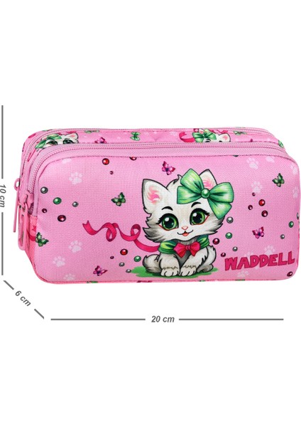 Waddell lisanslı Pembe Kedi Desenli Ilkokul Sırt Çantası,beslenme Çantası ve 2 Cepli Kalemlik