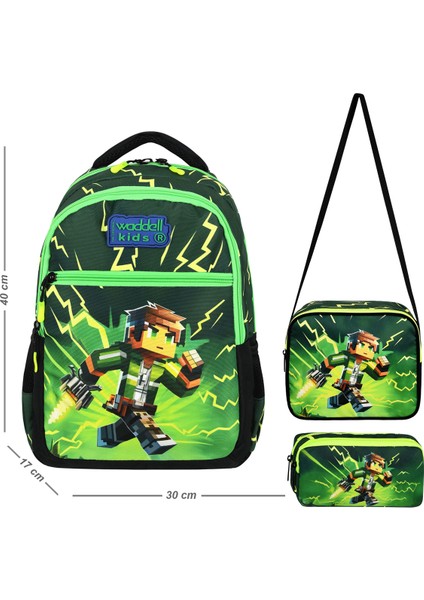 Waddell Mycraft Creeper Ilkokul Sırt Çantası,beslenme Çantası ve 2 Cepli Kalem Kutusu