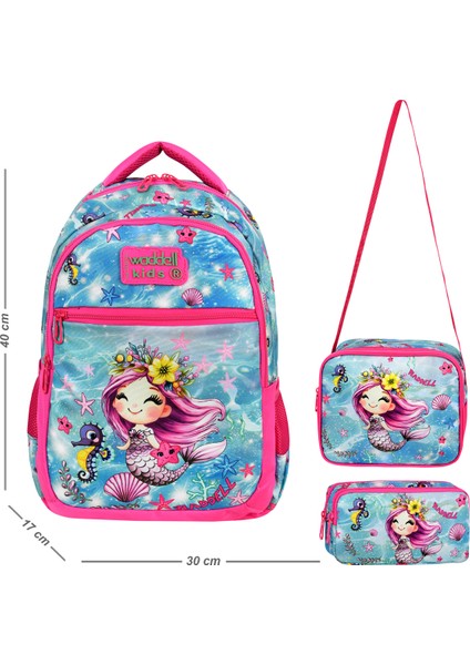 Waddell Deniz Kızı Desenli Ilkokul Sırt Çantası,beslenme Çantası ve 2 Cepli Kalemlik,ilköğretim Seti