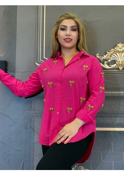 Gömlek,kadın ,keten,düğmeli,uzun Kollu,fuşya Boncuk Işlemeli Nakışlı Yazlık Arkadan Daha Uzun