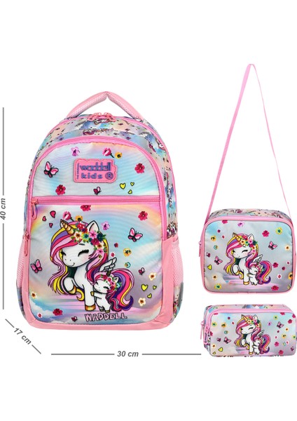 Waddell Lisanslı Unicorn Desenli Ilkokul Sırt Çantası,beslenme Çantası ve Kalemlik,okul Çantası Set