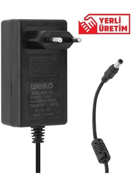 Weko 12 Volt - 3 Amper - 36 Watt 5.5*2.5 Uçlu Plastik Kasa Priz Tip Adaptör