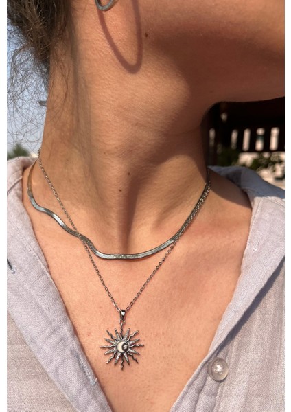 Güneş Ay Yıldız Desenli Ikili Kolye ( Çelik Kararmaz) fiyatları