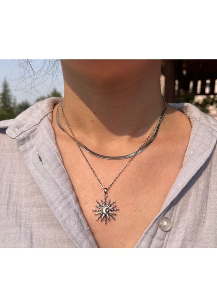 Güneş Ay Yıldız Desenli Ikili Kolye ( Çelik Kararmaz) modelleri