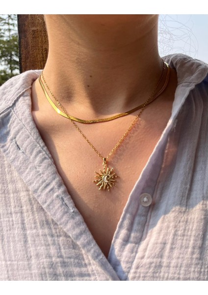 Güneş Ay Yıldız Desenli Ikili Kolye ( Çelik Kararmaz)