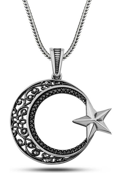 Gümüş Zirkon Taşlı Desenli Ay Yıldız Erkek Kolye