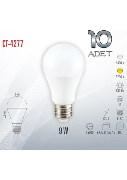 CT-4277 9W LED Ampul Beyaz 6400K(100 Adet) fiyatları