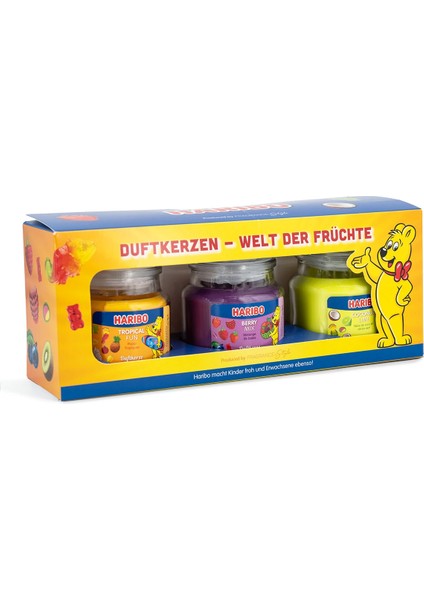 3'lü Kokulu Mum Seti Haribo Fruit Power - Berry Mix, Hindistan Cevizi Limon, Tropikal Eğlence