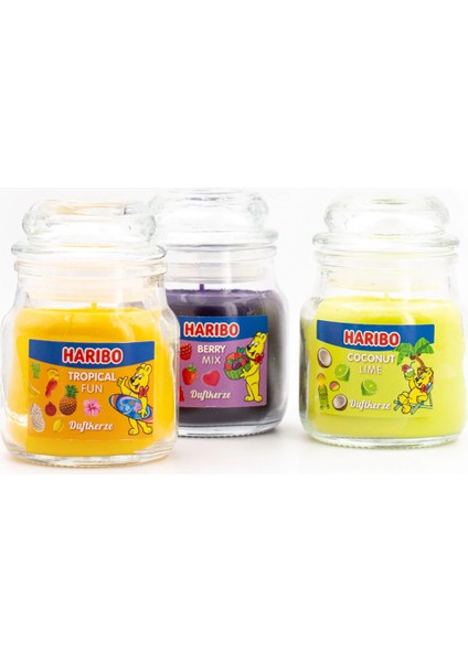 3'lü Kokulu Mum Seti Haribo Fruit Power - Berry Mix, Hindistan Cevizi Limon, Tropikal Eğlence modelleri